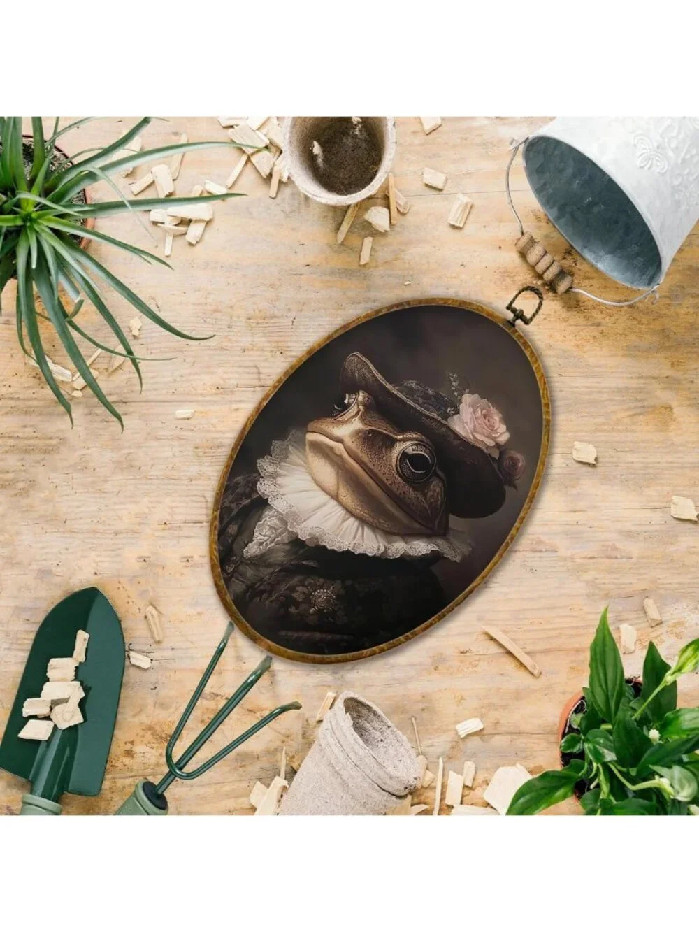Vintage Frog Oval Wall Art, Dark Academia Floral Canvas Print, Cottagecore